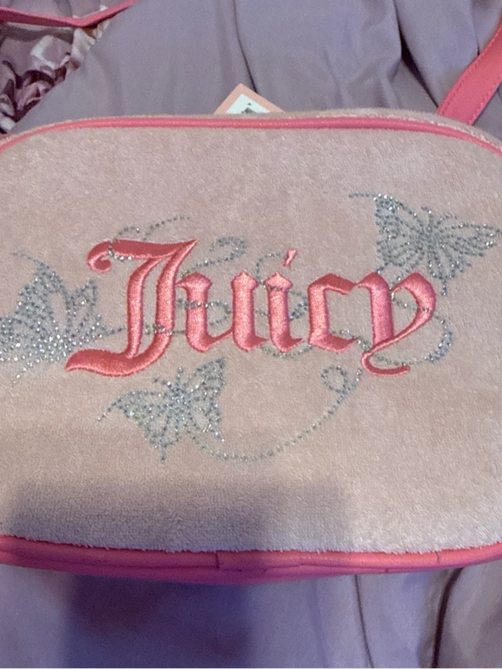 Juicy Couture Pink Suede Crossbody with Rhinestone Butterflies